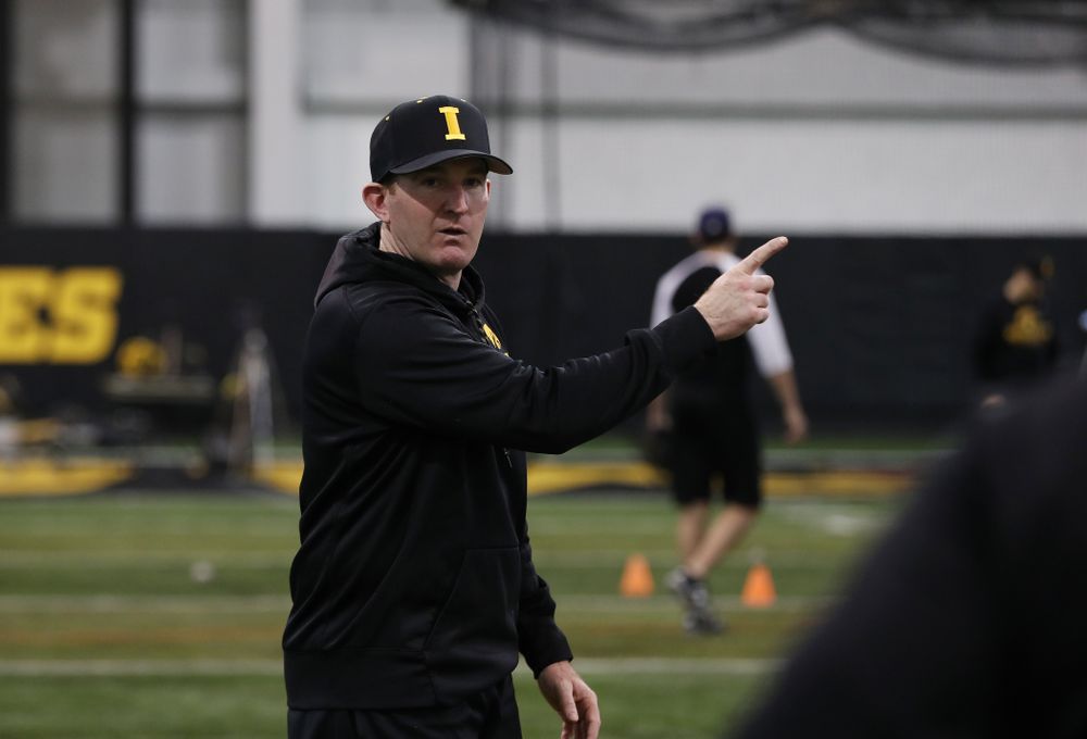 Iowa Hawkeyes associate head coach Marty Sutherland works on base running following the team's annual media day Tuesday, February 5, 2019 in the Indoor Practice Facility. (Brian Ray/hawkeyesports.com)