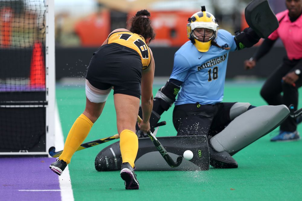 Iowa Hawkeyes Mya Christopher (18) scores against the Michigan Wolverines in the semi-finals of the Big Ten Tournament Friday, November 2, 2018 at Lakeside Field on the campus of Northwestern University in Evanston, Ill. (Brian Ray/hawkeyesports.com)