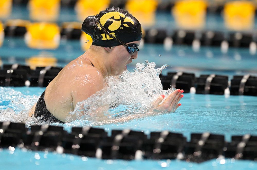Iowa’s Christina Crane swims a 100 yard breaststroke time trial during the 2020 Big Ten Women’s Swimming and Diving Championships at the Campus Recreation and Wellness Center in Iowa City on Wednesday, February 19, 2020. (Stephen Mally/hawkeyesports.com)