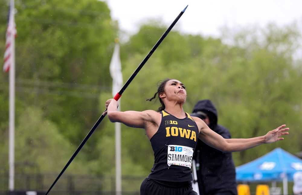Iowa's Tria Simmons throws in the women’s javelin in the heptathlon event on the second day of the Big Ten Outdoor Track and Field Championships at Francis X. Cretzmeyer Track in Iowa City on Saturday, May. 11, 2019. (Stephen Mally/hawkeyesports.com)