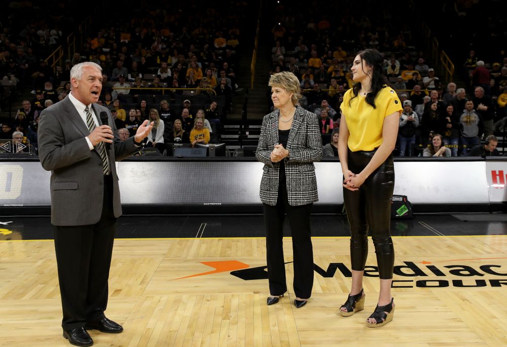 Henry B. and Patricia B. Tippie Director of Athletics Chair Gary Barta speaks during Megan Gustafson’s jersey retirement ceremony Sunday, January 26, 2020 at Carver-Hawkeye Arena. (Brian Ray/hawkeyesports.com)