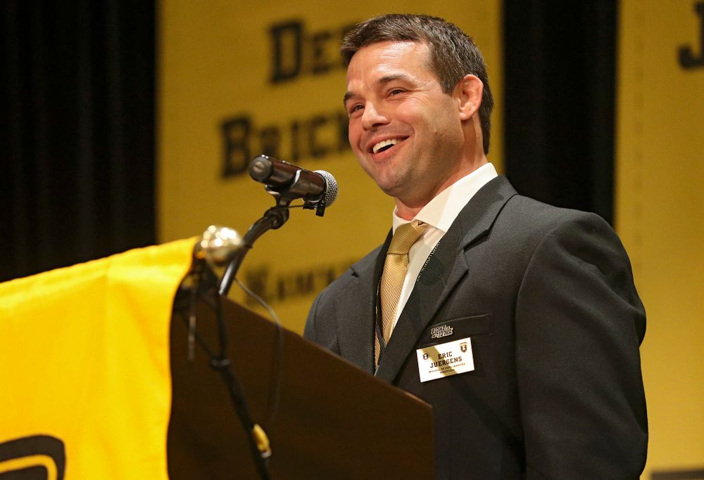 2019 University of Iowa Athletics Hall of Fame inductee Eric Juergens speaks during the Hall of Fame Induction Ceremony at the Coralville Marriott Hotel and Conference Center in Coralville on Friday, Aug 30, 2019. (Stephen Mally/hawkeyesports.com)