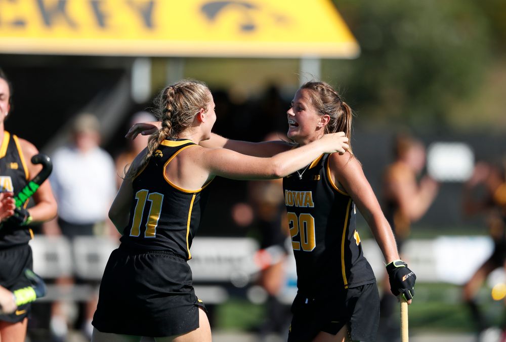 Iowa Hawkeyes Katie Birch (11) hugs Sophie Sunderland (20) after scoring against the Penn Quakers Friday, September 14, 2018 at Grant Field. (Brian Ray/hawkeyesports.com)