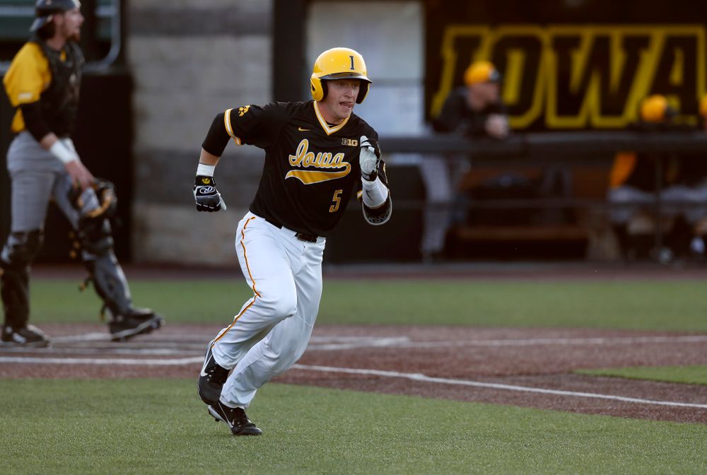 Iowa Hawkeyes catcher Tyler Cropley (5) against Milwaukee Wednesday, April 25, 2018 at Duane Banks Field. (Brian Ray/hawkeyesports.com)