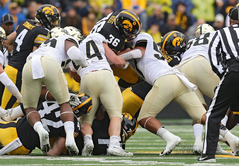 Iowa Hawkeyes fullback Brady Ross (36) on a run during the first quarter of their game at Kinnick Stadium in Iowa City on Saturday, Oct 19, 2019. (Stephen Mally/hawkeyesports.com)