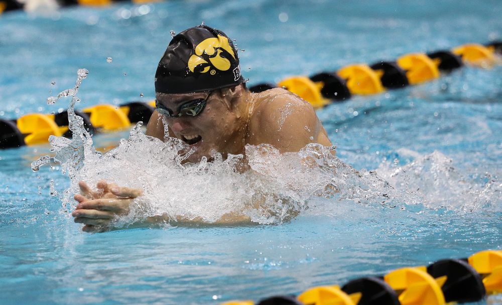 Iowa's Daniel Swanepoel competes in the 200-yard breaststroke during a meet against Michigan and Denver at the Campus Recreation and Wellness Center on November 3, 2018. (Tork Mason/hawkeyesports.com)