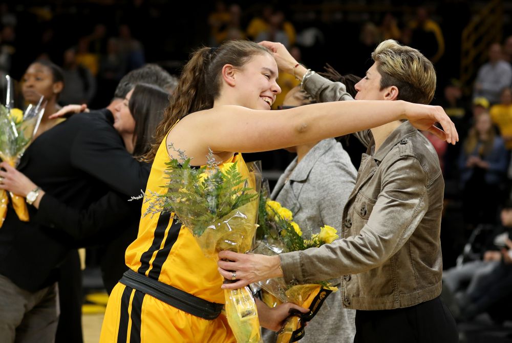 Iowa Hawkeyes forwar/center Paula Valiño Ramos (31) during senior day activities following their win over the Minnesota Golden Gophers Thursday, February 27, 2020 at Carver-Hawkeye Arena. (Brian Ray/hawkeyesports.com)