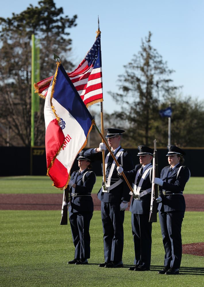 Members of the University of Iowa ROTC presents the colors during the National Anthem  before the Iowa Hawkeyes game against the Nebraska Cornhuskers on Military Appreciation Night Friday, April 19, 2019 at Duane Banks Field. (Brian Ray/hawkeyesports.com)