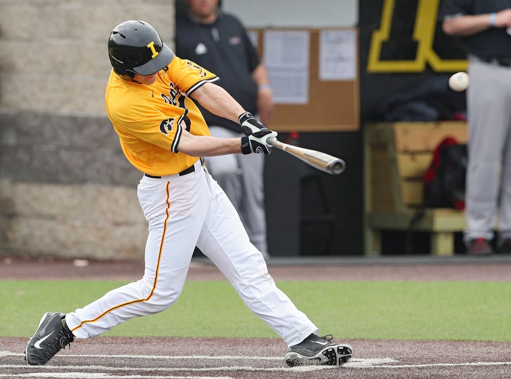 Iowa Hawkeyes designated hitter Austin Martin (34) gets a hit during the first inning of their game against Northern Illinois at Duane Banks Field in Iowa City on Tuesday, Apr. 16, 2019. (Stephen Mally/hawkeyesports.com)