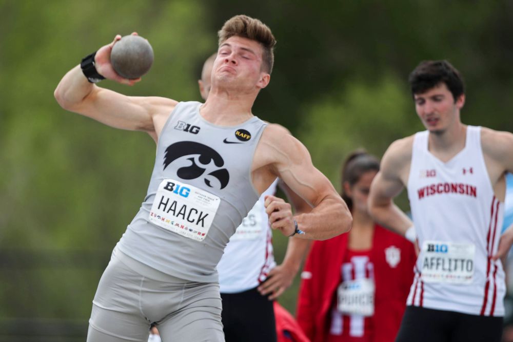 Iowa's Peyton Haack during the men's shot put at the Big Ten Outdoor Track and Field Championships at Francis X. Cretzmeyer Track on Friday, May 10, 2019. (Lily Smith/hawkeyesports.com)