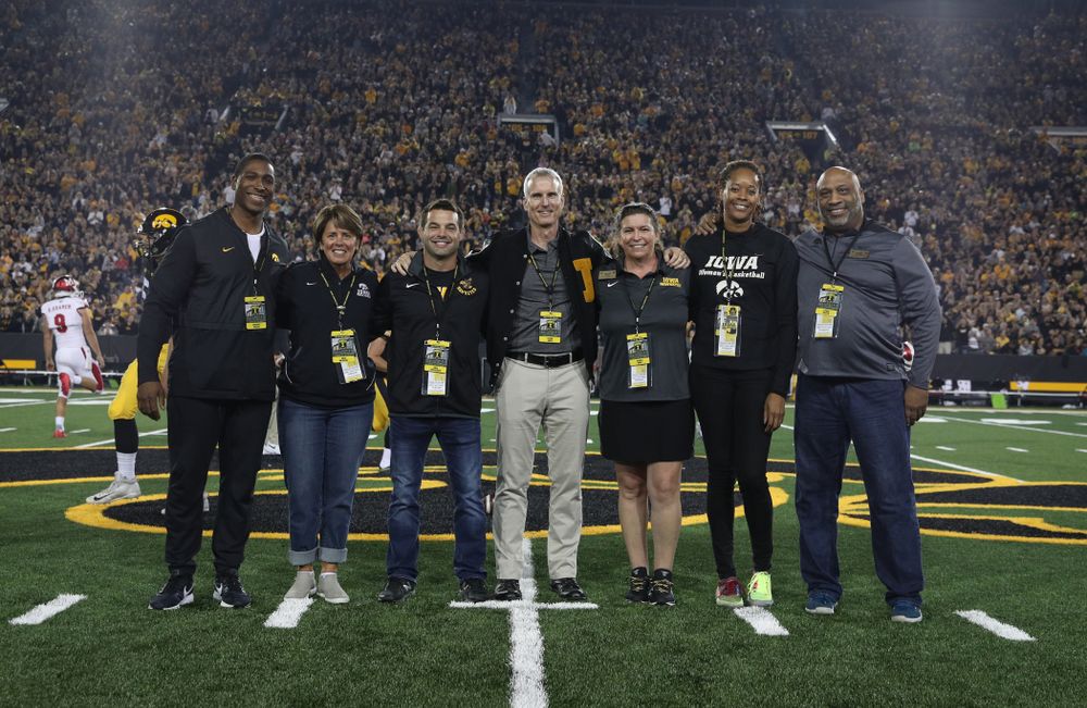 The 2019 Iowa Varsity Club Hall of Fame class during the Iowa Hawkeyes game against the Miami RedHawks Saturday, August 31, 2019 at Kinnick Stadium in Iowa City. (Brian Ray/hawkeyesports.com)