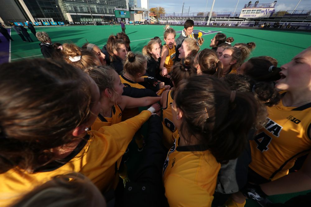The Iowa Hawkeyes celebrate their victory against the Michigan Wolverines in the semi-finals of the Big Ten Tournament Friday, November 2, 2018 at Lakeside Field on the campus of Northwestern University in Evanston, Ill. (Brian Ray/hawkeyesports.com)
