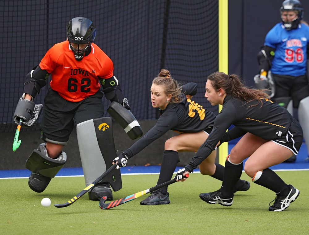 Iowa’s Maddy Murphy (26) tries to reach a ball between Grace McGuire (62) and Amy Gaiero (1) during their practice at Karen Shelton Stadium in Chapel Hill, N.C. on Saturday, Nov 16, 2019. (Stephen Mally/hawkeyesports.com)