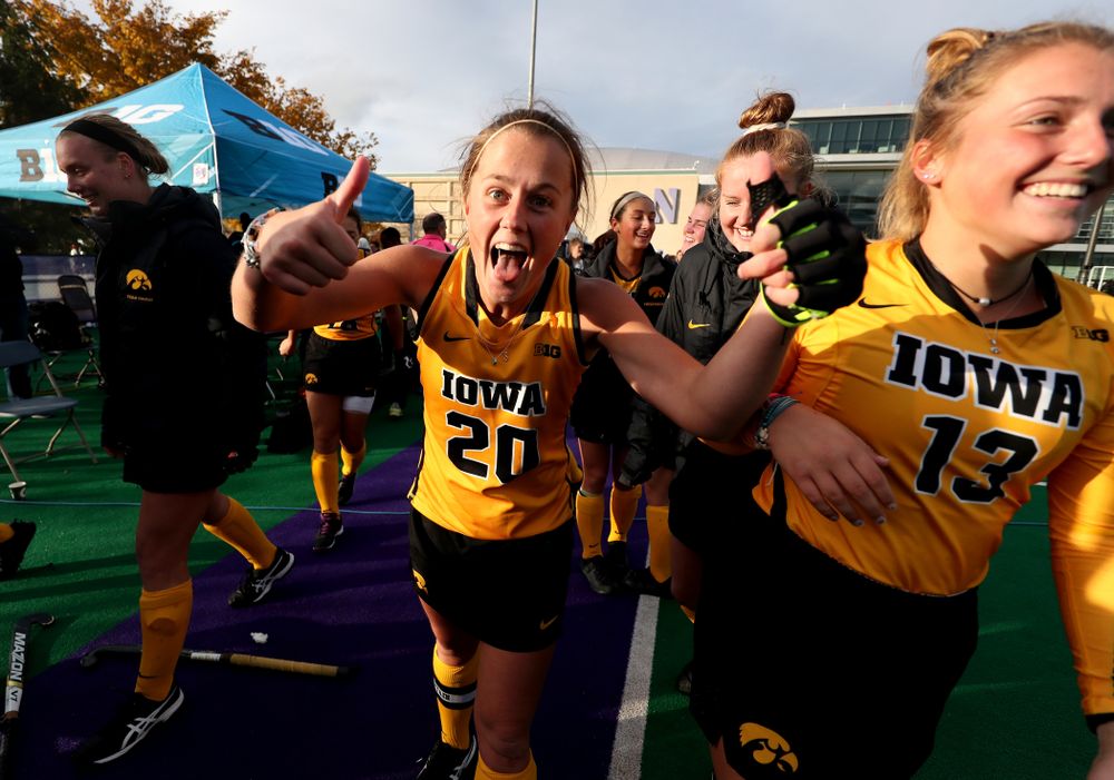 Iowa Hawkeyes Sophie Sunderland (20) celebrates their victory against the Michigan Wolverines in the semi-finals of the Big Ten Tournament Friday, November 2, 2018 at Lakeside Field on the campus of Northwestern University in Evanston, Ill. (Brian Ray/hawkeyesports.com)