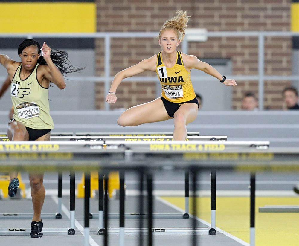 Iowa’s Kylie Morken runs the women’s 60 meter hurdles premier preliminary event during the Larry Wieczorek Invitational at the Recreation Building in Iowa City on Saturday, January 18, 2020. (Stephen Mally/hawkeyesports.com)