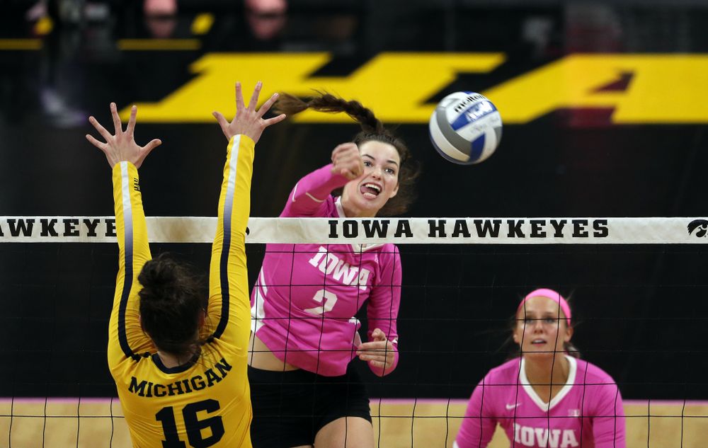 Iowa Hawkeyes setter Courtney Buzzerio (2) against the Michigan Wolverines Friday, October 11, 2019 at Carver-Hawkeye Arena.(Brian Ray/hawkeyesports.com)