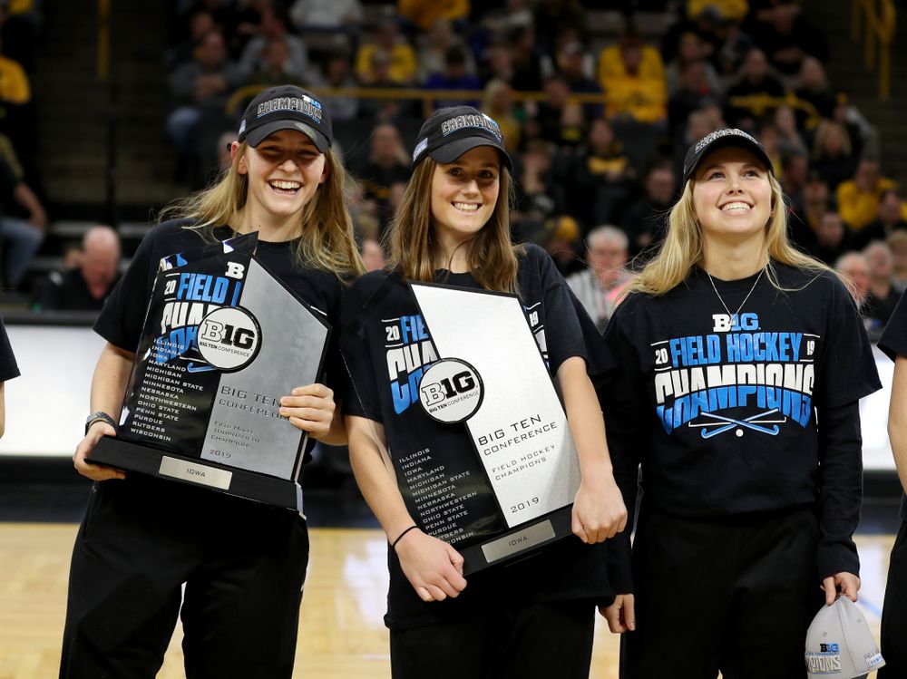 Katie Birch, Sophie Sunderland, and Leslie Speight and the rest of the Iowa Field Hockey team are recognized during the Iowa Hawkeyes game against the Ohio State Buckeyes Thursday, February 20, 2020 at Carver-Hawkeye Arena. (Brian Ray/hawkeyesports.com)