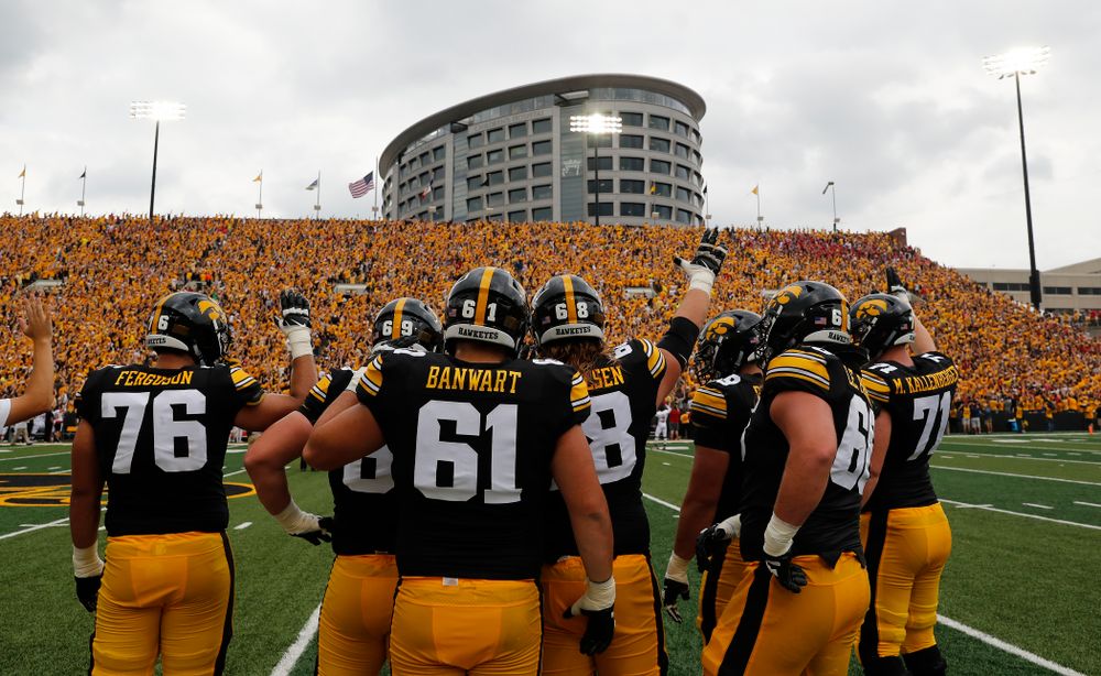 The Hawkeyes wave to the Stead Family Children's Hospital during their game against the Northern Illinois Huskies Saturday, September 1, 2018 at Kinnick Stadium. (Brian Ray/hawkeyesports.com)