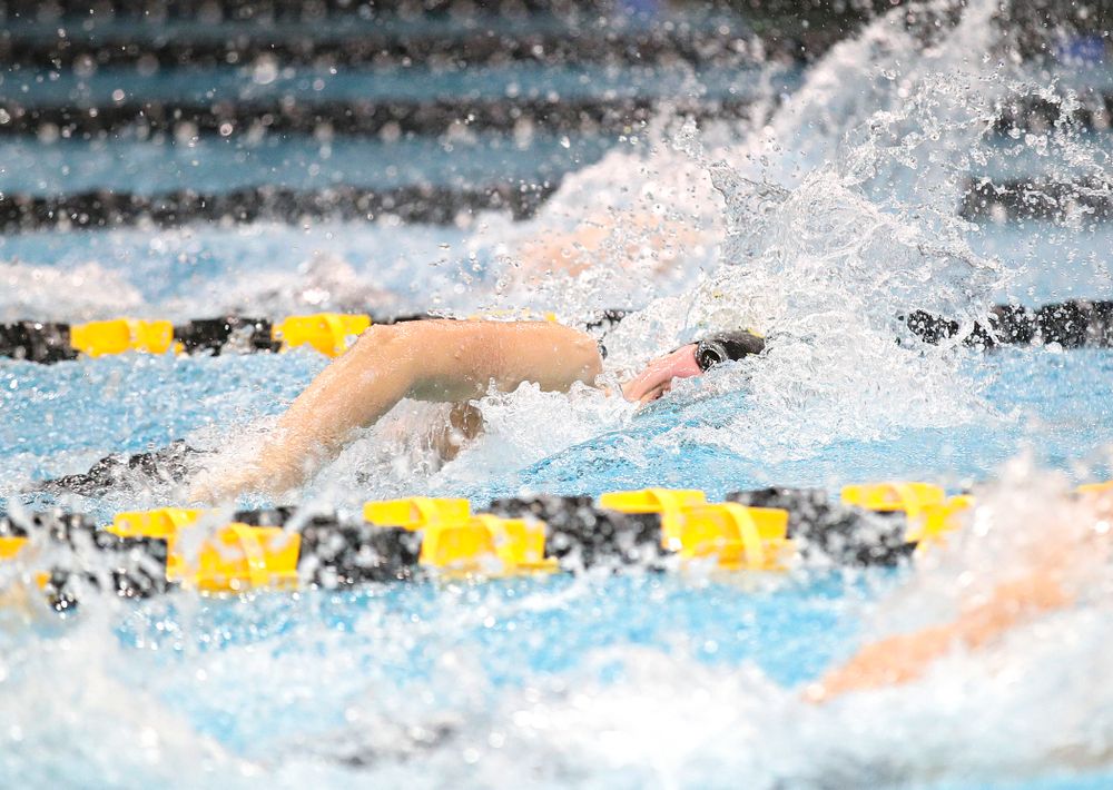 Iowa’s Hannah Burvill swims in the women’s 200 yard freestyle relay event during the 2020 Women’s Big Ten Swimming and Diving Championships at the Campus Recreation and Wellness Center in Iowa City on Friday, February 21, 2020. (Stephen Mally/hawkeyesports.com)