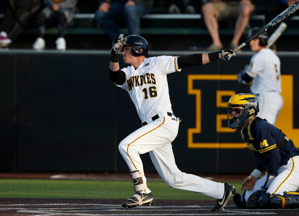 Iowa Hawkeyes infielder Tanner Wetrich (16) against the Michigan Wolverines Friday, April 27, 2018 at Duane Banks Field in Iowa City. (Brian Ray/hawkeyesports.com)