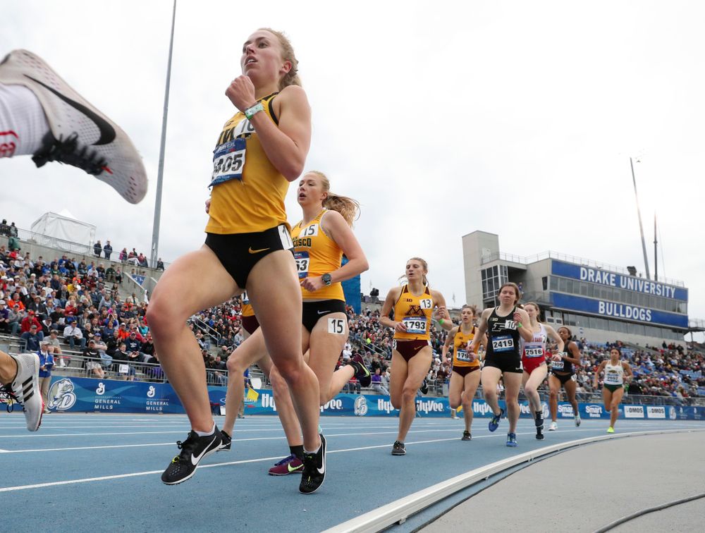 Iowa's Megan Schott runs the women's 1500 meter run event during the second day of the Drake Relays at Drake Stadium in Des Moines on Friday, Apr. 26, 2019. (Stephen Mally/hawkeyesports.com)