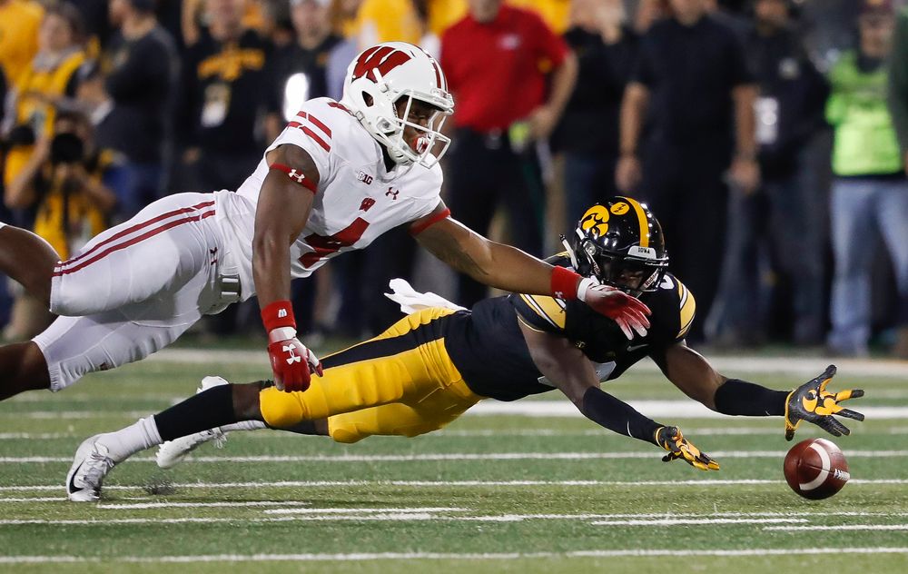 Iowa Hawkeyes defensive back Matt Hankins (8) dives for a pass during a game against Wisconsin at Kinnick Stadium on September 22, 2018. (Tork Mason/hawkeyesports.com)