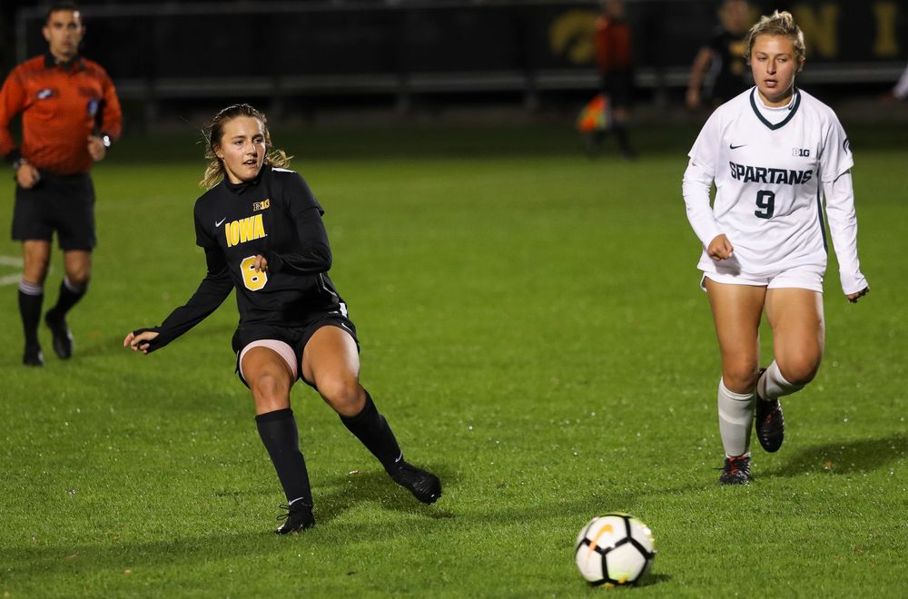 Iowa Hawkeyes midfielder Isabella Blackman (6) passes the ball during a game against Michigan State at the Iowa Soccer Complex on October 12, 2018. (Tork Mason/hawkeyesports.com)