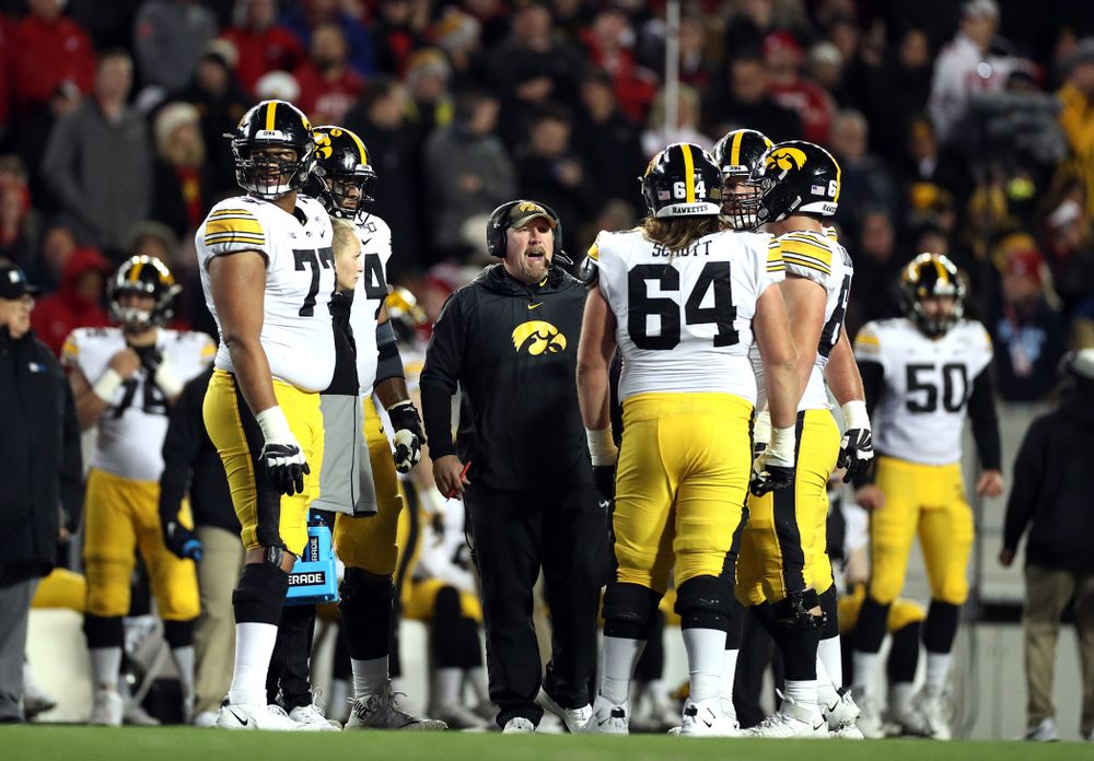 Iowa Hawkeyes offensive line coach Tim Polasek  against the Wisconsin Badgers Saturday, November 9, 2019 at Camp Randall Stadium in Madison, Wisc. (Brian Ray/hawkeyesports.com)