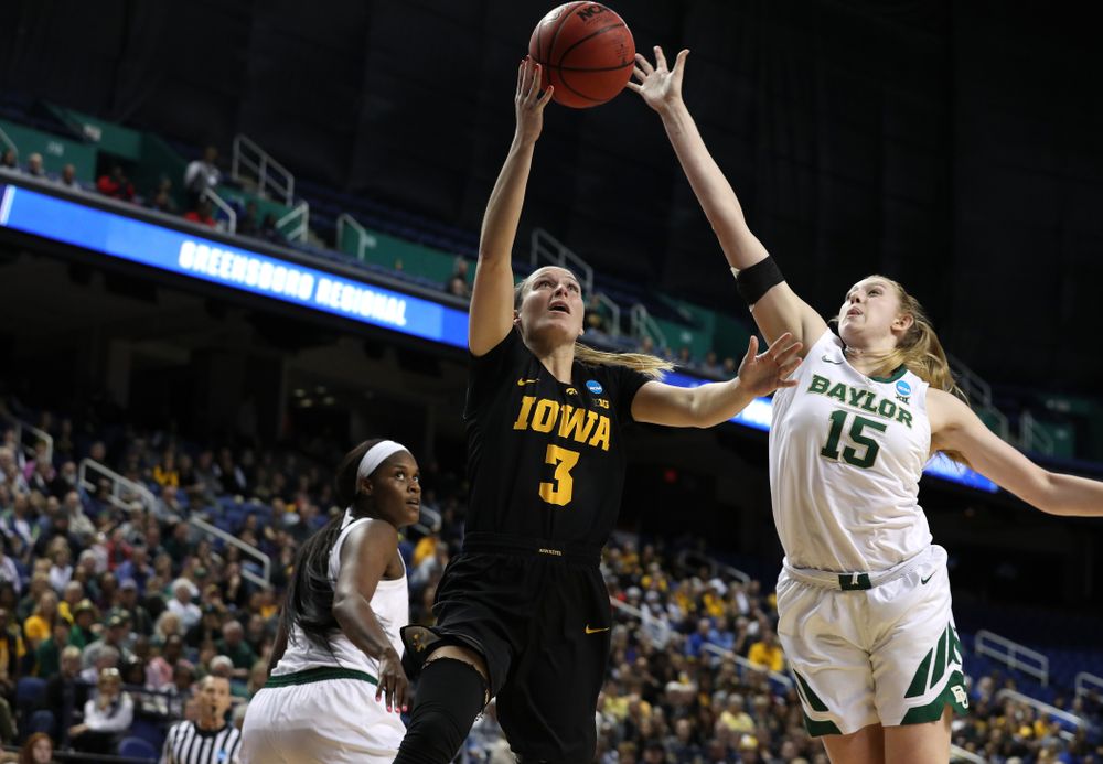 Iowa Hawkeyes guard Makenzie Meyer (3) against the Baylor Lady Bears in the regional final of the 2019 NCAA Women's College Basketball Tournament Monday, April 1, 2019 at Greensboro Coliseum in Greensboro, NC.(Brian Ray/hawkeyesports.com)
