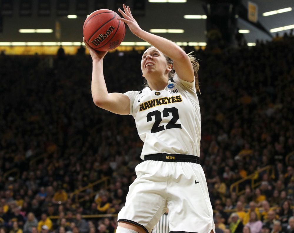 Iowa Hawkeyes guard Kathleen Doyle (22) makes a basket during the second quarter of their second round game in the 2019 NCAA Women's Basketball Tournament at Carver Hawkeye Arena in Iowa City on Sunday, Mar. 24, 2019. (Stephen Mally for hawkeyesports.com)