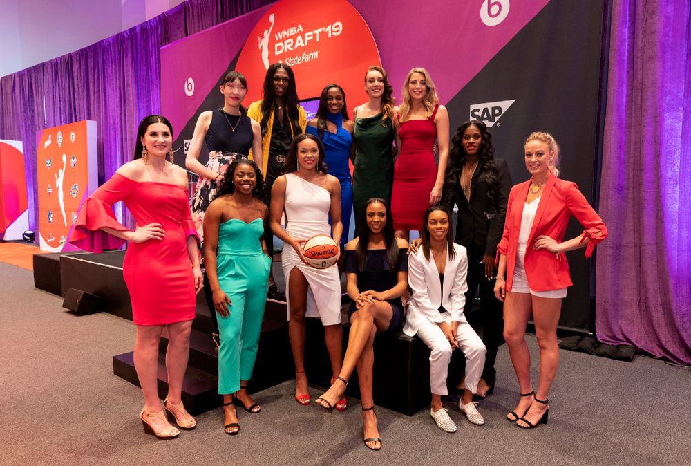 Iowa Hawkeyes forward Megan Gustafson (10) poses for a photos with the other invited draftees before the 2019 WNBA Draft Wednesday, April 10, 2019 at Nike New York Headquarters in New York City. (Brian Ray/hawkeyesports.com)