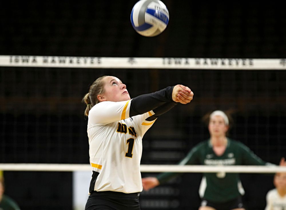 Iowa’s Joslyn Boyer (1) eyes the ball during the second set of their volleyball match at Carver-Hawkeye Arena in Iowa City on Sunday, Oct 13, 2019. (Stephen Mally/hawkeyesports.com)