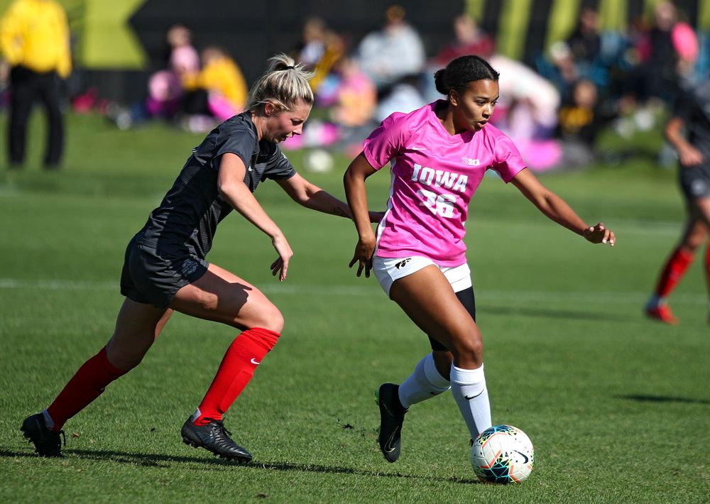 Iowa midfielder/forward Melina Hegelheimer (26) moves with the ball during the first half of their match at the Iowa Soccer Complex in Iowa City on Sunday, Oct 27, 2019. (Stephen Mally/hawkeyesports.com)