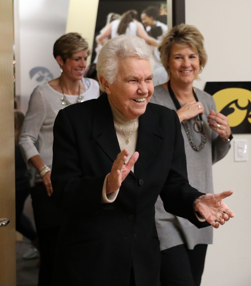 Former University of Iowa Director of Intercollegiate Athletics for Women Dr. Christine Grant addresses the team following their game against the Robert Morris Colonials Sunday, December 2, 2018 at Carver-Hawkeye Arena. (Photo by Brian Ray)

