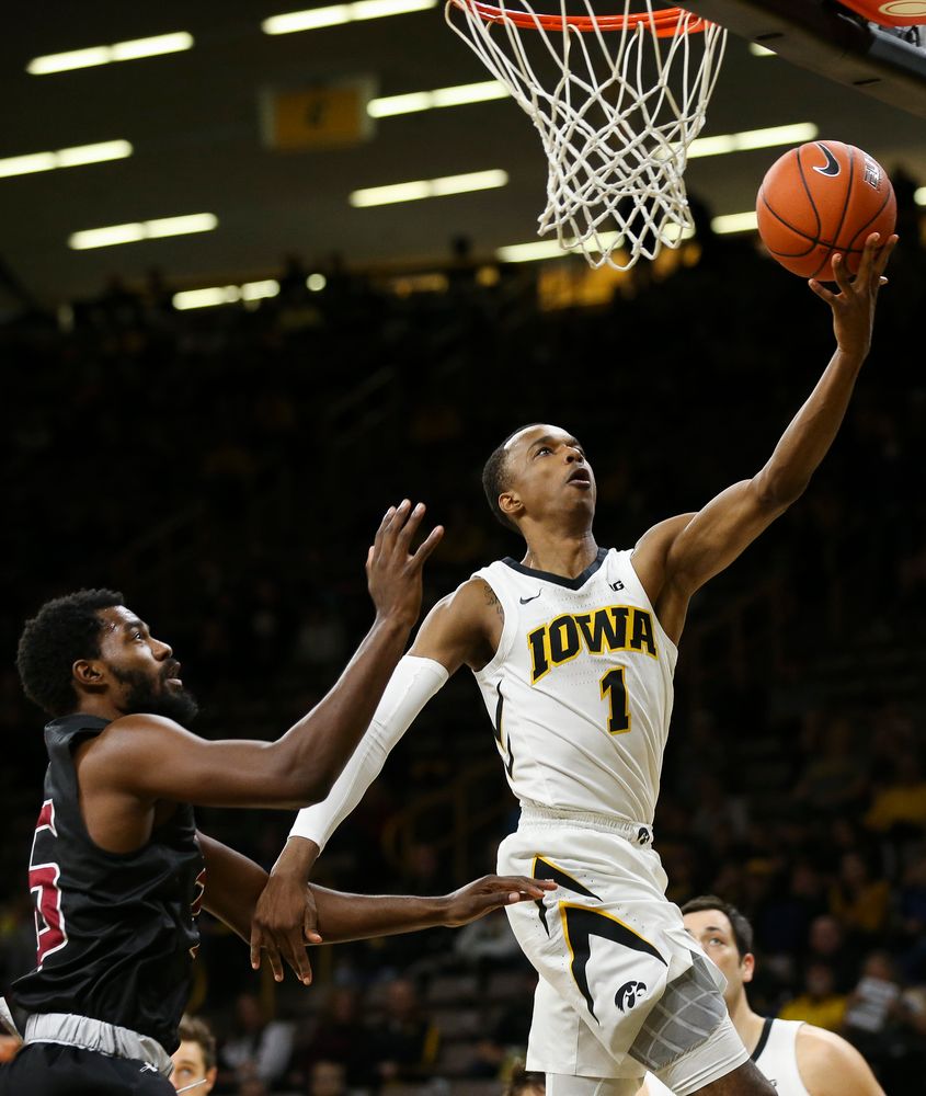 Iowa Hawkeyes guard Maishe Dailey (1) goes up for a layup during a game against Guilford College at Carver-Hawkeye Arena on November 4, 2018. (Tork Mason/hawkeyesports.com)