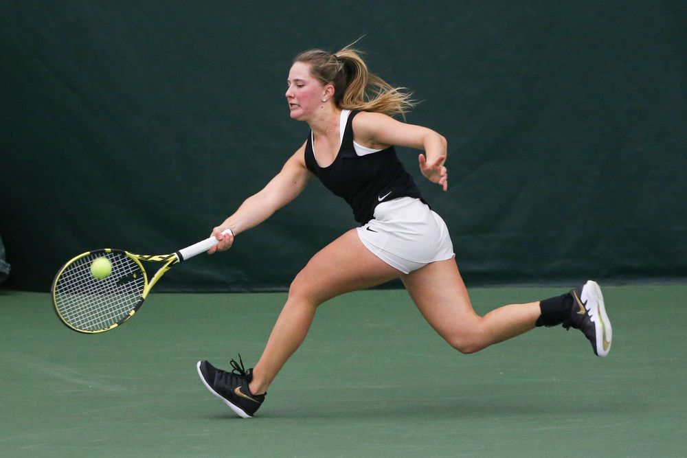 Iowa’s Danielle Burich during the Iowa women’s tennis meet vs DePaul  on Friday, February 21, 2020 at the Hawkeye Tennis and Recreation Complex. (Lily Smith/hawkeyesports.com)