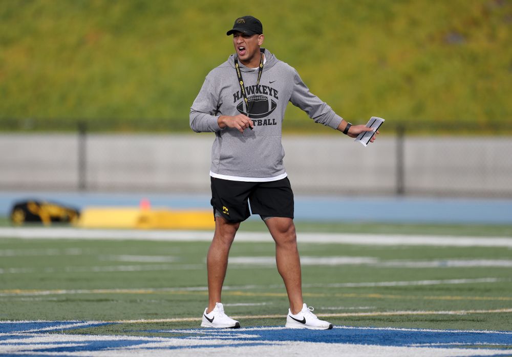 Iowa Hawkeyes special teams coordinator LeVar Woods  runs a drill during Holiday Bowl Practice No. 3  Tuesday, December 24, 2019 at San Diego Mesa College. (Brian Ray/hawkeyesports.com)