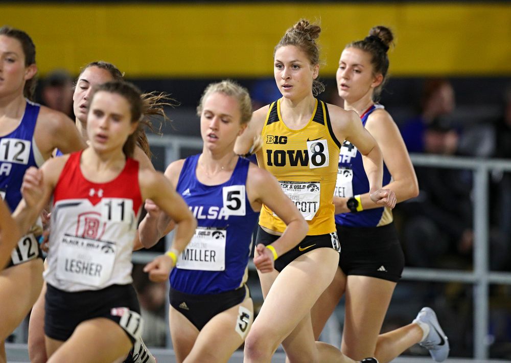 Iowa’s Elyse Prescott runs the women’s 1 mile run event at the Black and Gold Invite at the Recreation Building in Iowa City on Saturday, February 1, 2020. (Stephen Mally/hawkeyesports.com)