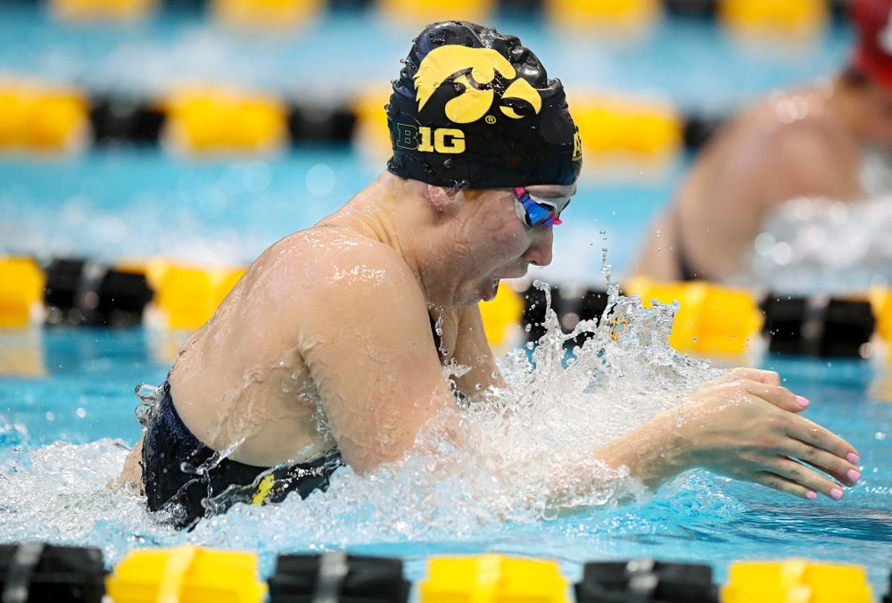 Iowa’s Zoe Mekus swims in the women’s 200 yard breaststroke preliminary event during the 2020 Women’s Big Ten Swimming and Diving Championships at the Campus Recreation and Wellness Center in Iowa City on Saturday, February 22, 2020. (Stephen Mally/hawkeyesports.com)