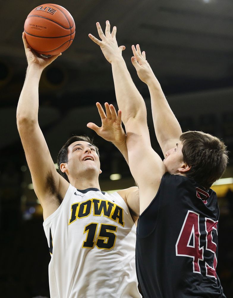 Iowa Hawkeyes forward Ryan Kriener (15) puts up a shot in the paint during a game against Guilford College at Carver-Hawkeye Arena on November 4, 2018. (Tork Mason/hawkeyesports.com)