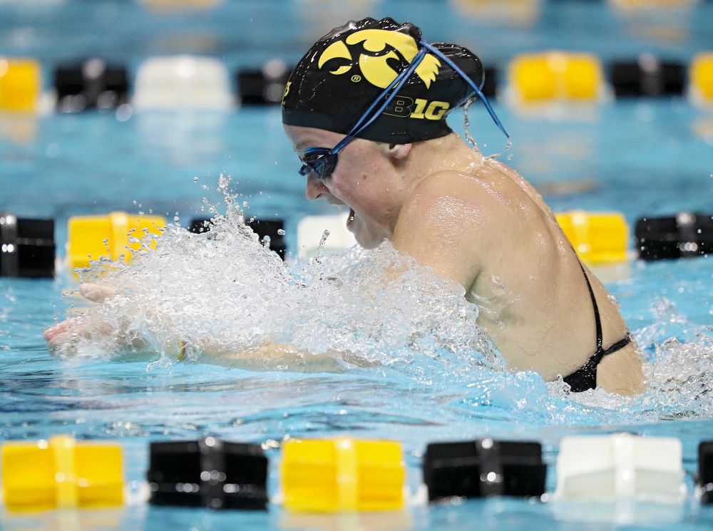 Iowa’s Ariel Wooden swims the breaststroke section of the 100-yard individual medley event during their meet against Michigan State at the Campus Recreation and Wellness Center in Iowa City on Thursday, Oct 3, 2019. (Stephen Mally/hawkeyesports.com)