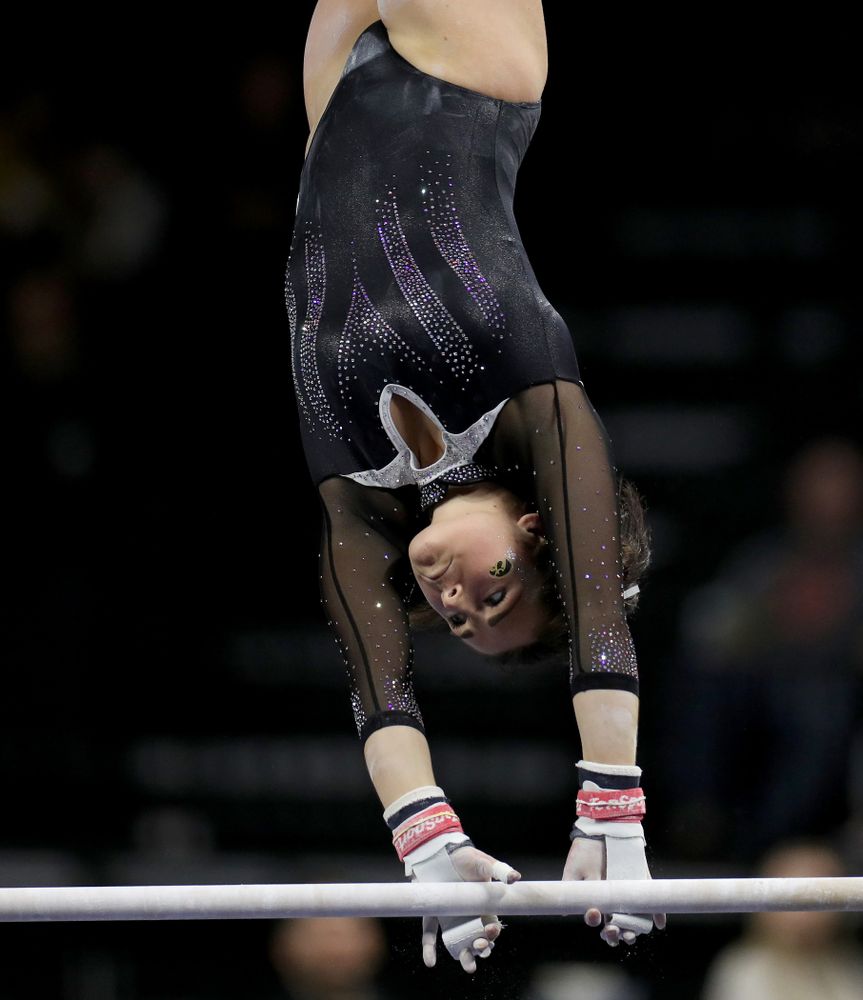 Iowa’s Erin Castle competes on the bars against Michigan State Saturday, February 1, 2020 at Carver-Hawkeye Arena. (Brian Ray/hawkeyesports.com)