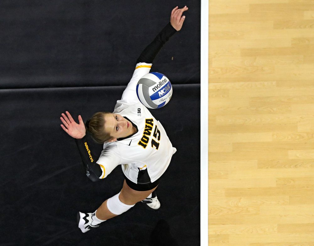 Iowa’s Maddie Slagle (15) serves the ball during the third set of their match at Carver-Hawkeye Arena in Iowa City on Saturday, Nov 30, 2019. (Stephen Mally/hawkeyesports.com)