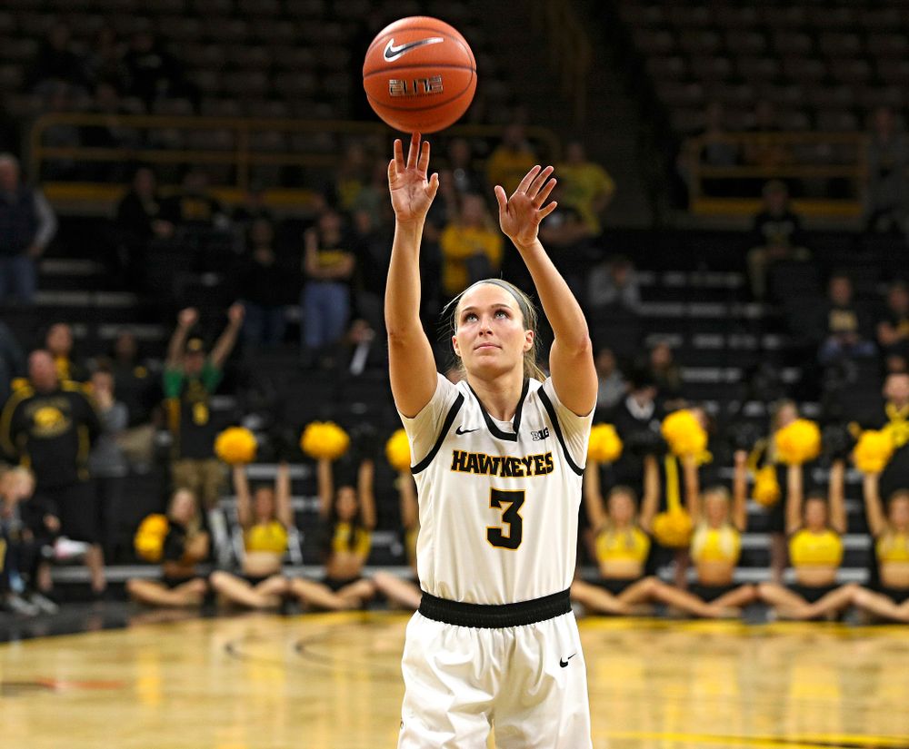 Iowa guard Makenzie Meyer (3) makes a free throw during the fourth quarter of their overtime win against Princeton at Carver-Hawkeye Arena in Iowa City on Wednesday, Nov 20, 2019. (Stephen Mally/hawkeyesports.com)