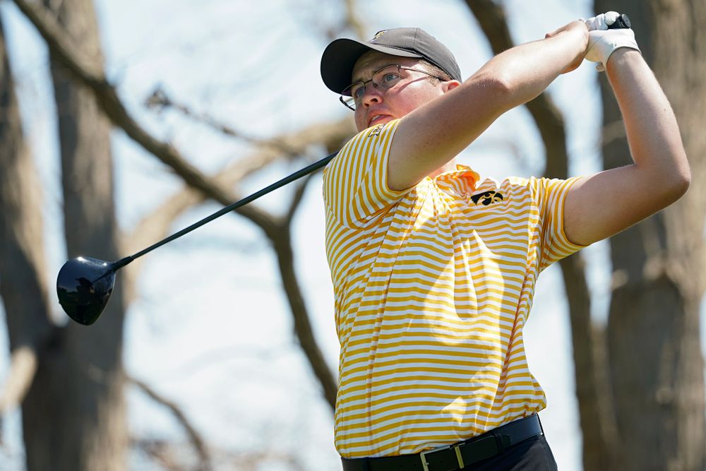 Iowa's Matthew Walker tees off during the third round of the Hawkeye Invitational at Finkbine Golf Course in Iowa City on Sunday, Apr. 21, 2019. (Stephen Mally/hawkeyesports.com)