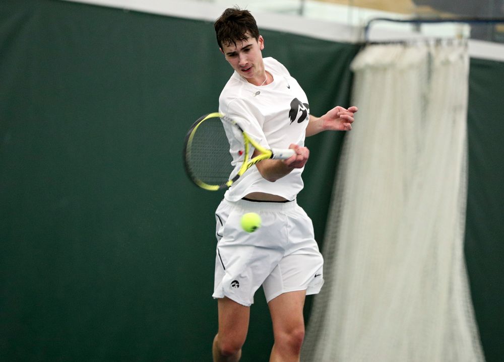 Iowa’s Matt Clegg during his singles match at the Hawkeye Tennis and Recreation Complex in Iowa City on Sunday, February 16, 2020. (Stephen Mally/hawkeyesports.com)