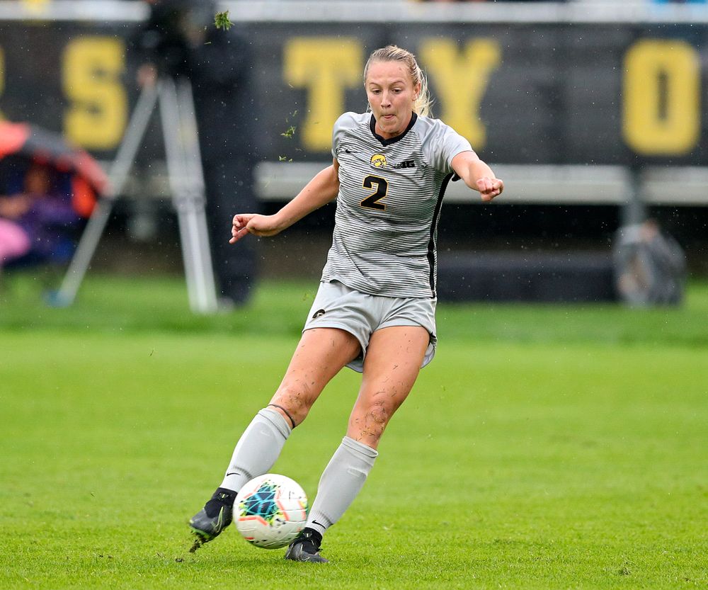 Iowa midfielder Hailey Rydberg (2) scores a goal during the first half of their match at the Iowa Soccer Complex in Iowa City on Sunday, Sep 29, 2019. (Stephen Mally/hawkeyesports.com)