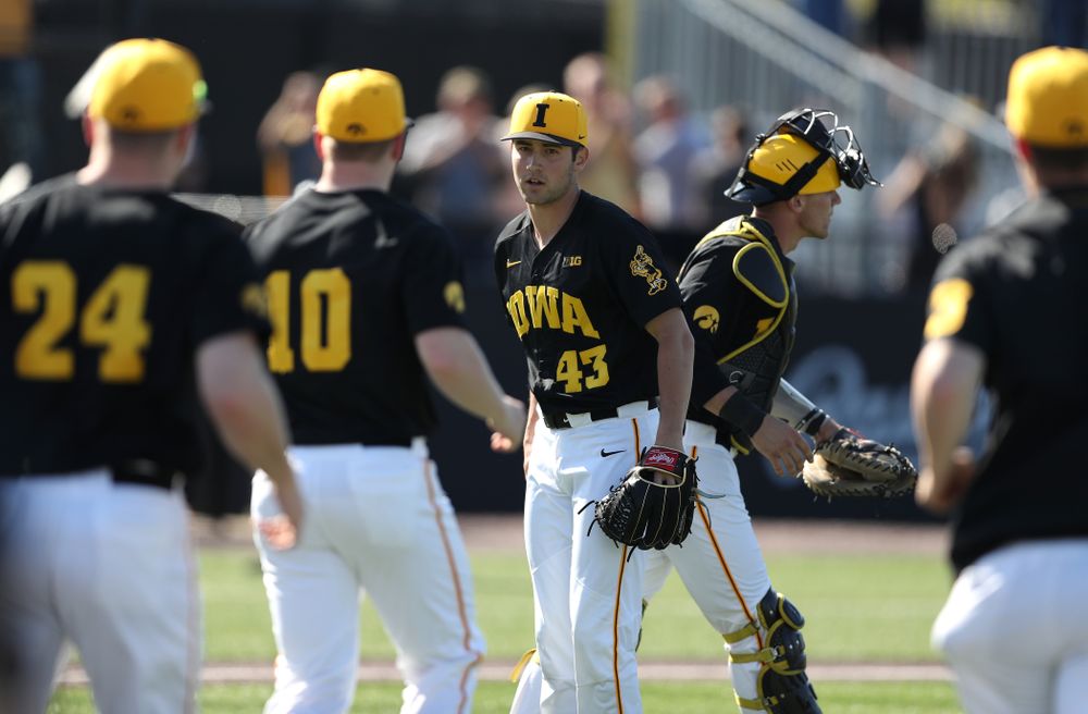 Iowa Hawkeyes Grant Leonard (43) reacts after getting the final out during game two against UC Irvine Saturday, May 4, 2019 at Duane Banks Field. (Brian Ray/hawkeyesports.com)