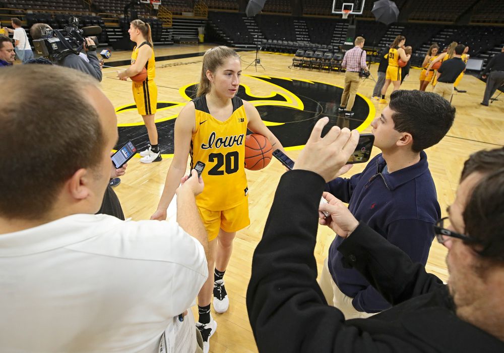 Iowa guard Kate Martin (20) answers questions during Iowa Women’s Basketball Media Day at Carver-Hawkeye Arena in Iowa City on Thursday, Oct 24, 2019. (Stephen Mally/hawkeyesports.com)