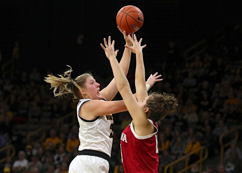 Iowa Hawkeyes forward Monika Czinano (25) puts up a shot during the third quarter of their game at Carver-Hawkeye Arena in Iowa City on Sunday, January 12, 2020. (Stephen Mally/hawkeyesports.com)